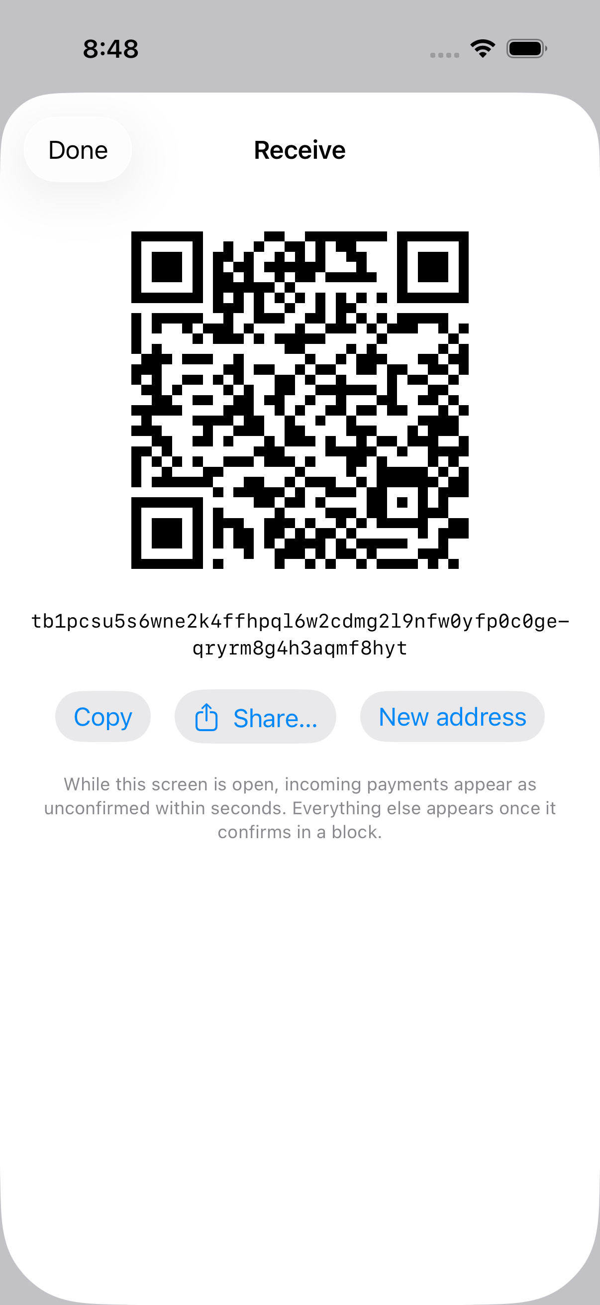 btc-swift receive screen captured on signet: QR code, fresh tb1p taproot address, and the note that incoming payments show as unconfirmed while the screen is open