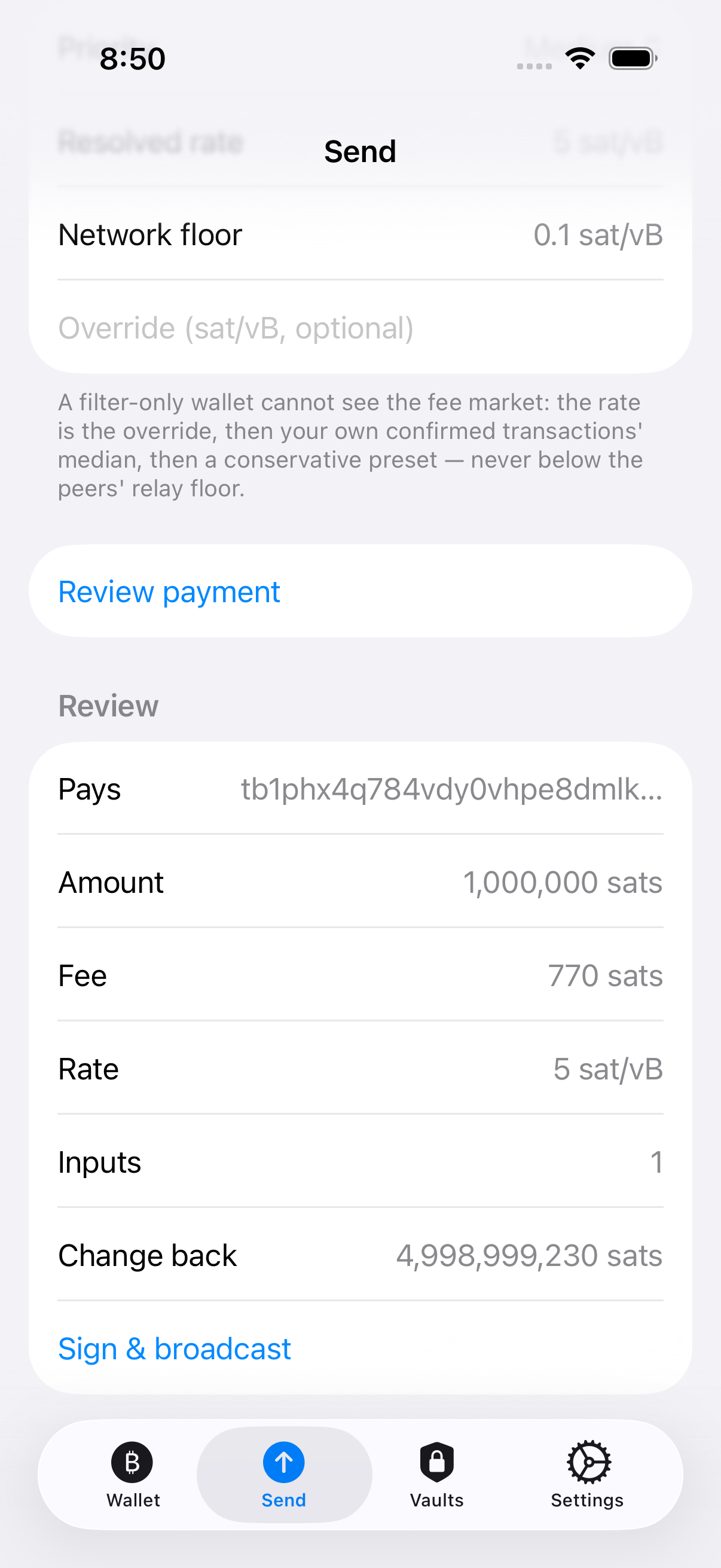 btc-swift send review captured on signet: destination, amount, fee, rate, inputs and change, all shown before signing