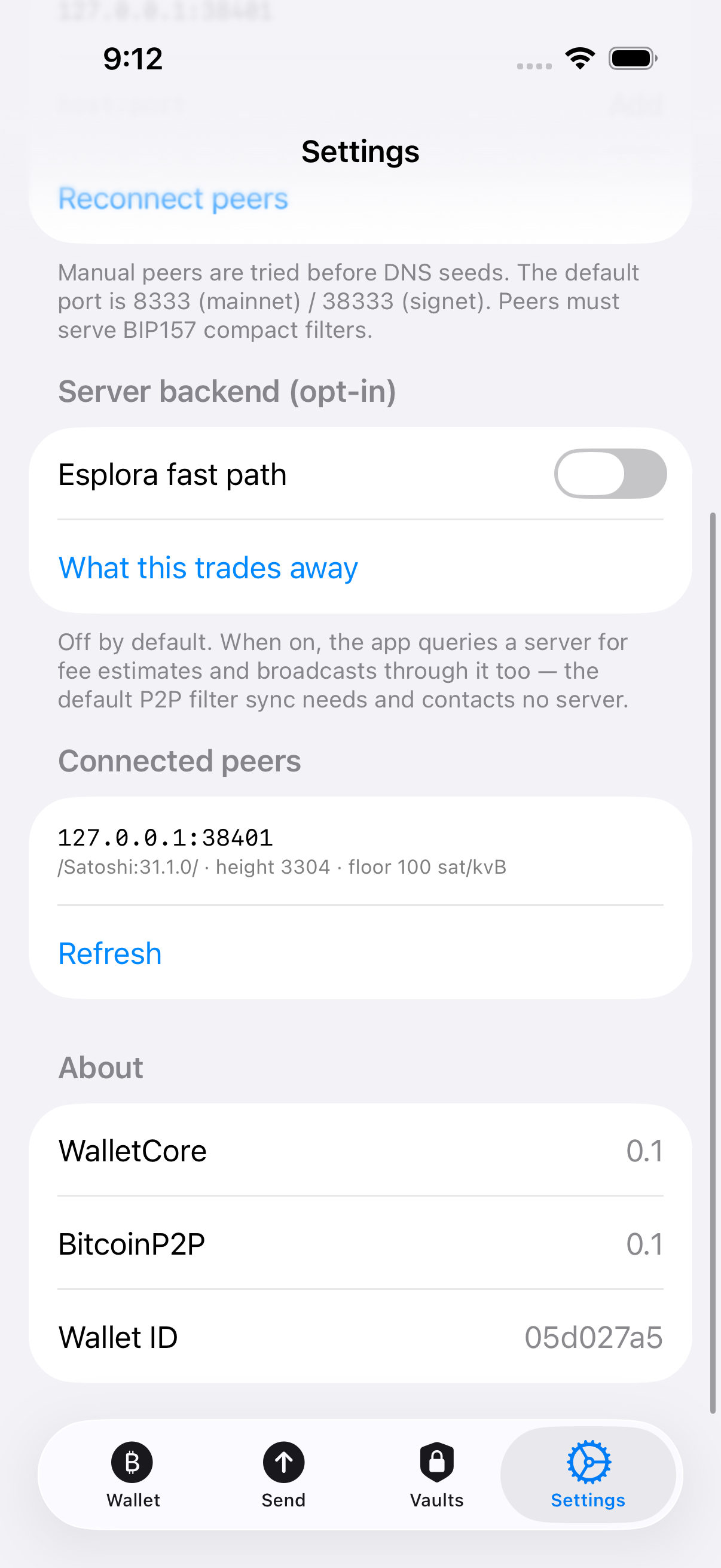 Settings screen listing connected full-node peers